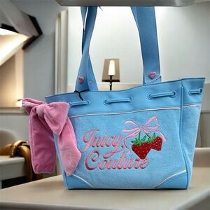 Juicy Couture Light Blue Tote with Pink Bow & Strawberry Embroidery